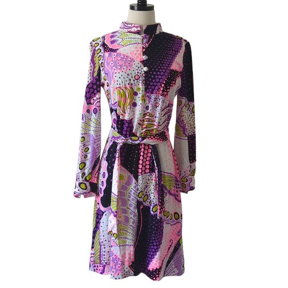 Vintage 1970s Dress Womens Purple Pink MCM Hippie Psychedelic Retro Anika XS/S - Picture 3 of 16